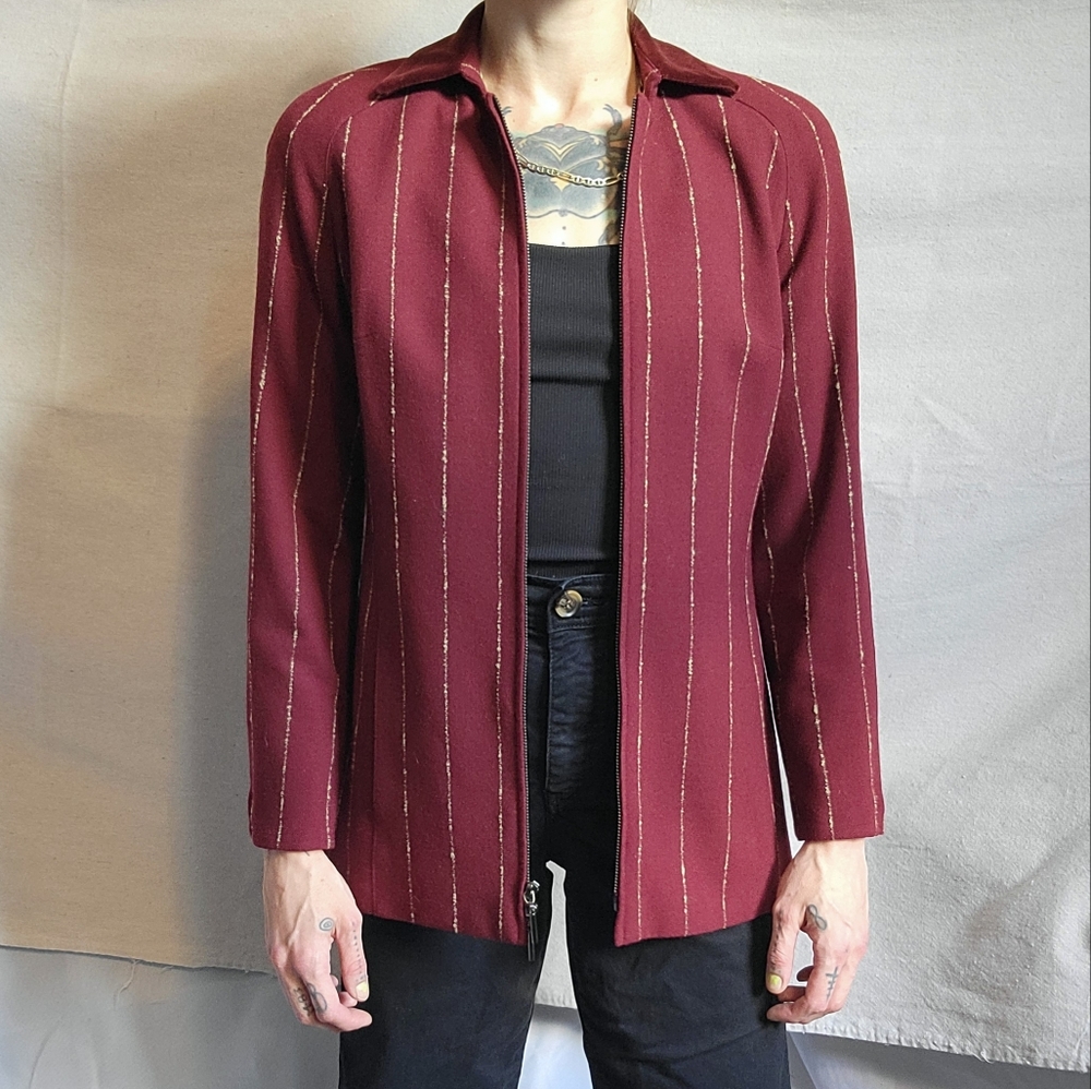Vintage Burgundy Blazer Zipper Jacket Pinstriped Wool Y2K 90s Size 2